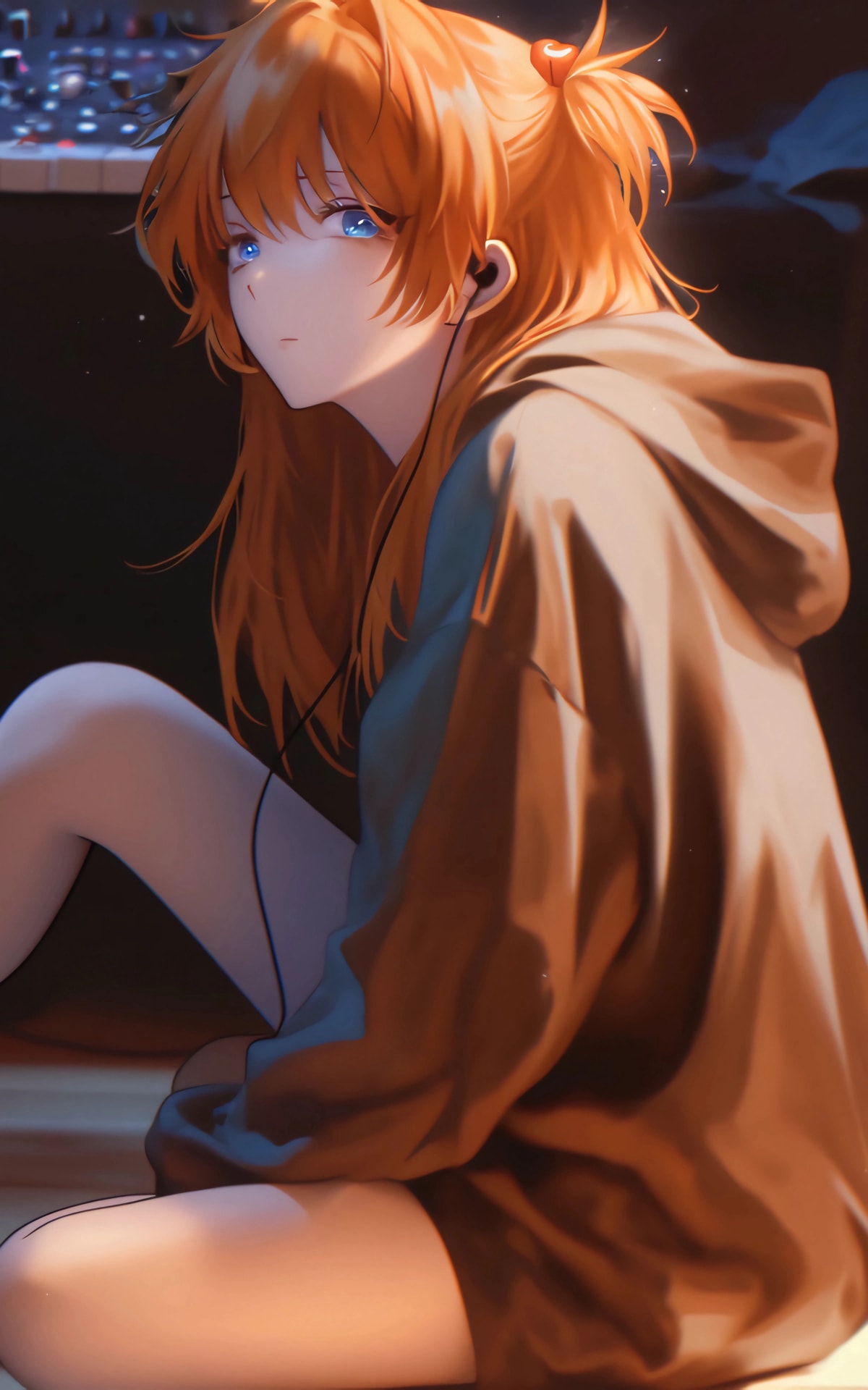 坐地板动漫女孩 听音乐 4K手机壁纸全屏