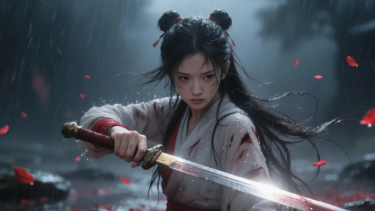 武侠风 雨中 古装美女手持宝剑 红色花瓣 4K壁纸
