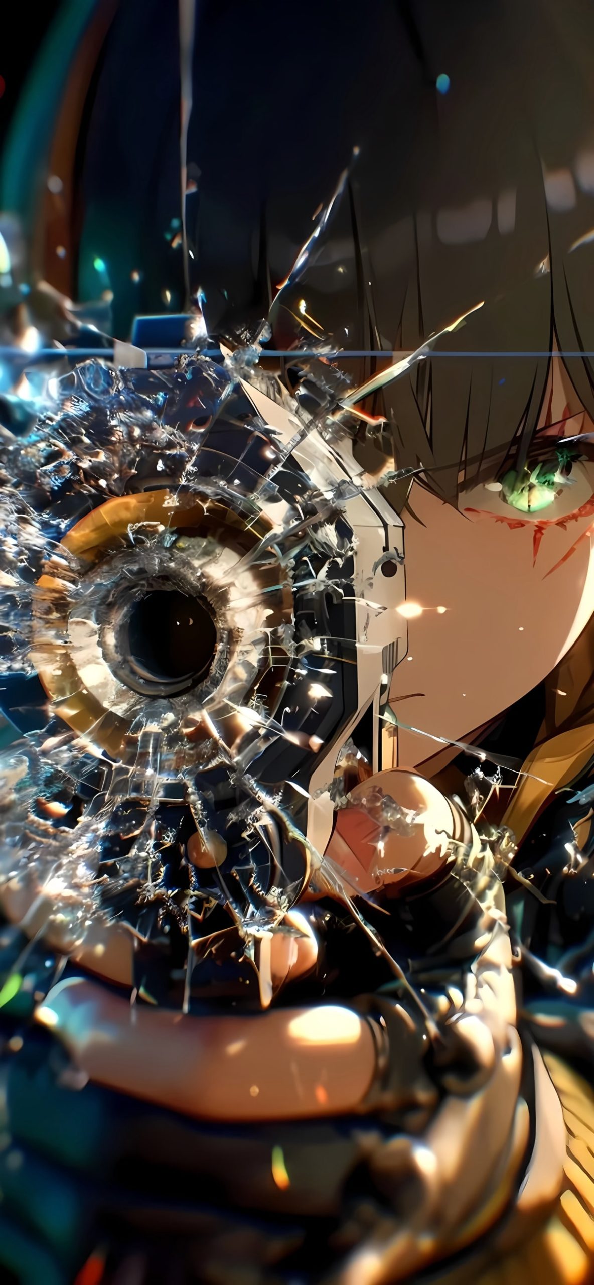 手持枪械 玻璃呈现出破碎状 绿色眼眸少女手机插画壁纸