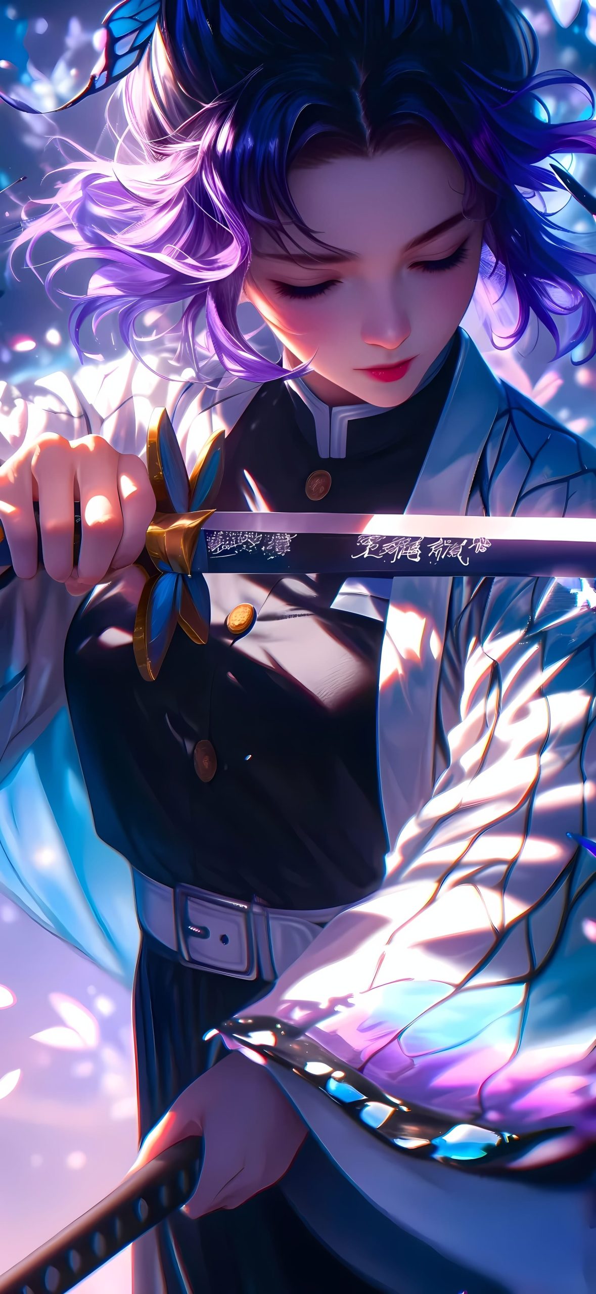 蝴蝶忍插画光影绚丽背景手拿武士刀的蝴蝶忍AI手机壁纸图片-千星图壁纸-高清电脑桌面壁纸图片大全-wallhaven-彼岸壁纸