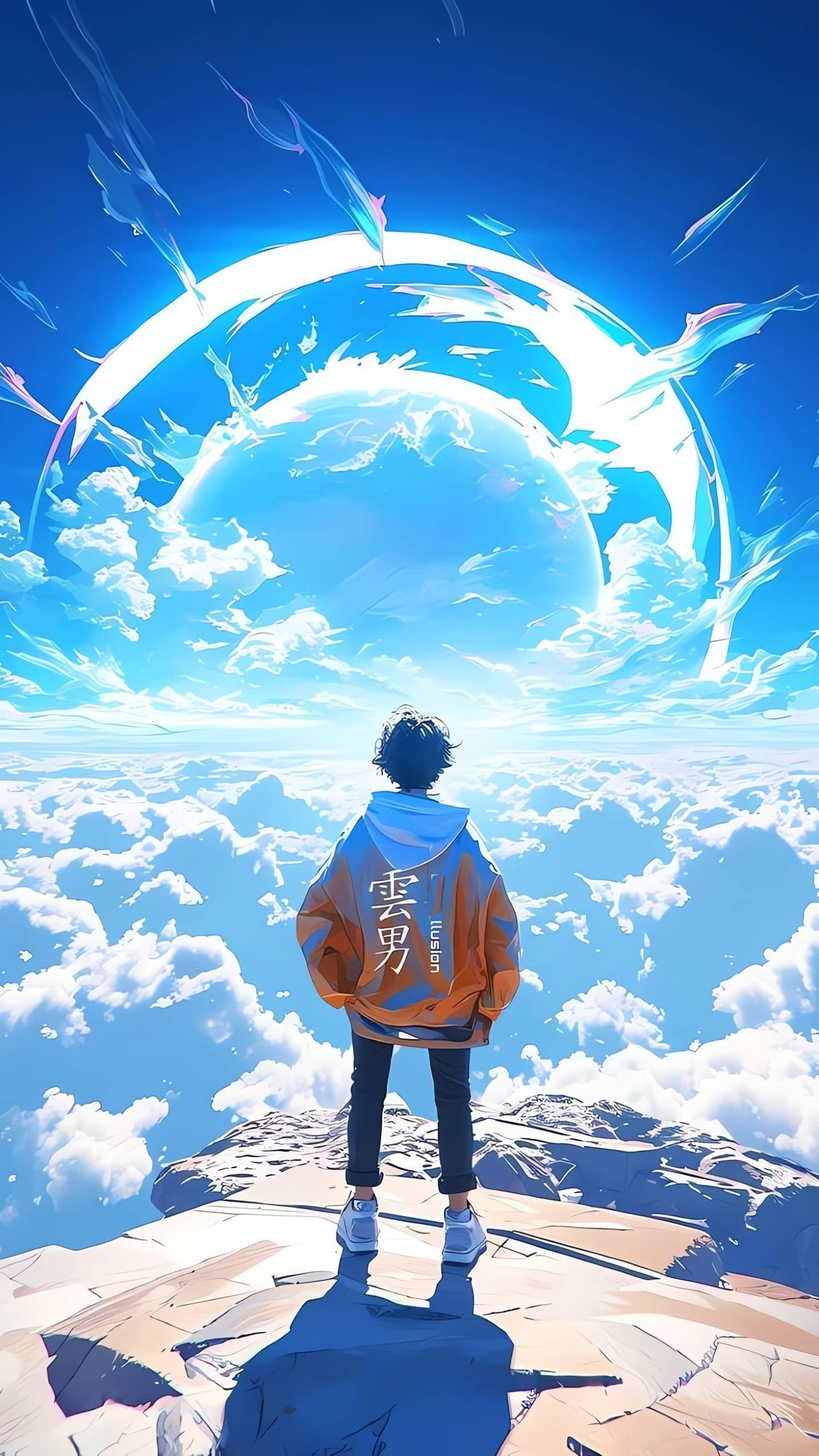穿橙色连帽衫少年云海悬崖望蓝色天空巨大星球动漫风-千星图壁纸-高清电脑桌面壁纸图片大全-wallhaven-彼岸壁纸